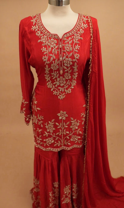 Reddish Maroon Color Party Wear Sharara Suit On Dasheen Fabric
