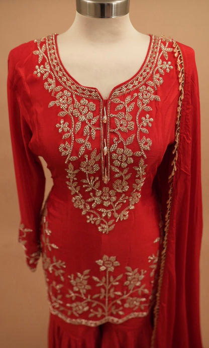 Reddish Maroon Color Party Wear Sharara Suit On Dasheen Fabric