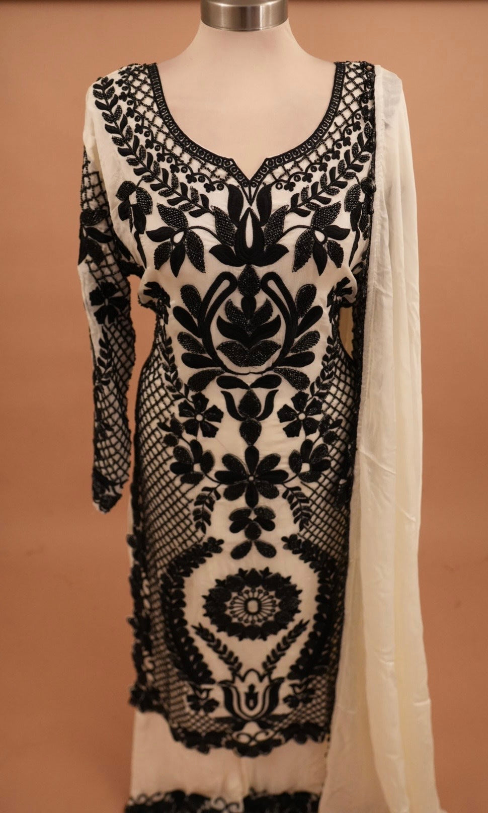 Off White Color Long Kameez Party Wear Suit With Palazzo Pants