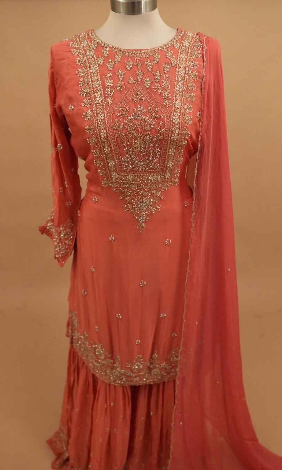 Dasheen Fabric Beads Work Embroiderey Peachy Pink Color Sharara Suit