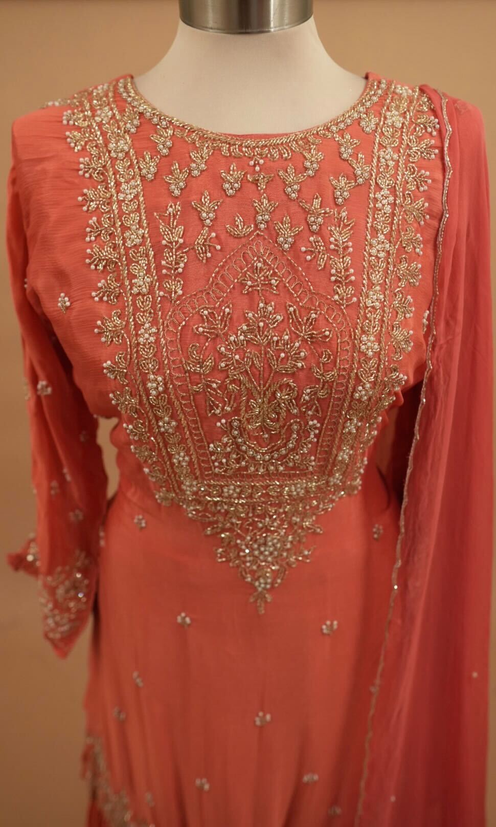 Dasheen Fabric Beads Work Embroiderey Peachy Pink Color Sharara Suit