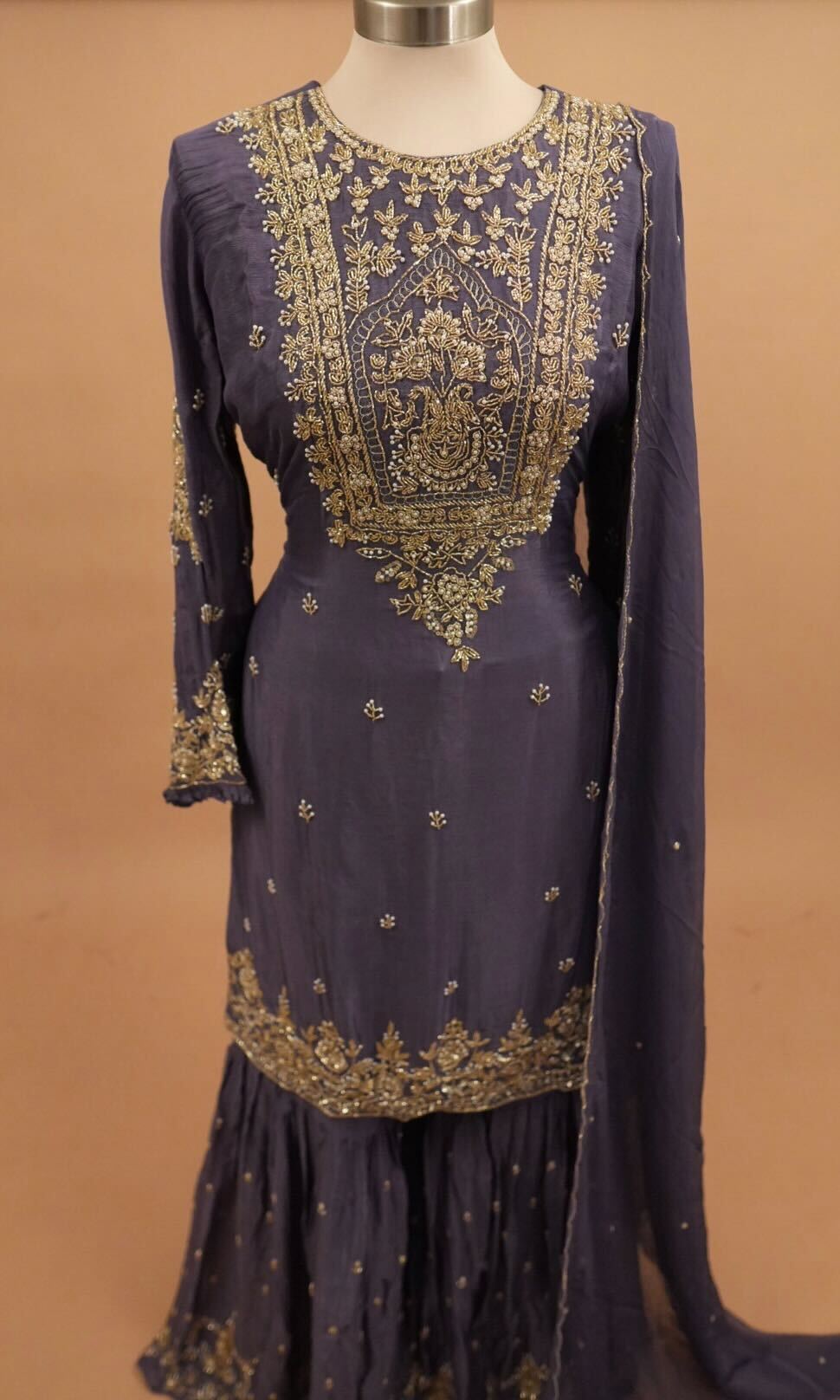 Dasheen Fabric Beads Work Embroiderey Dark Lavender Color Sharara Suit