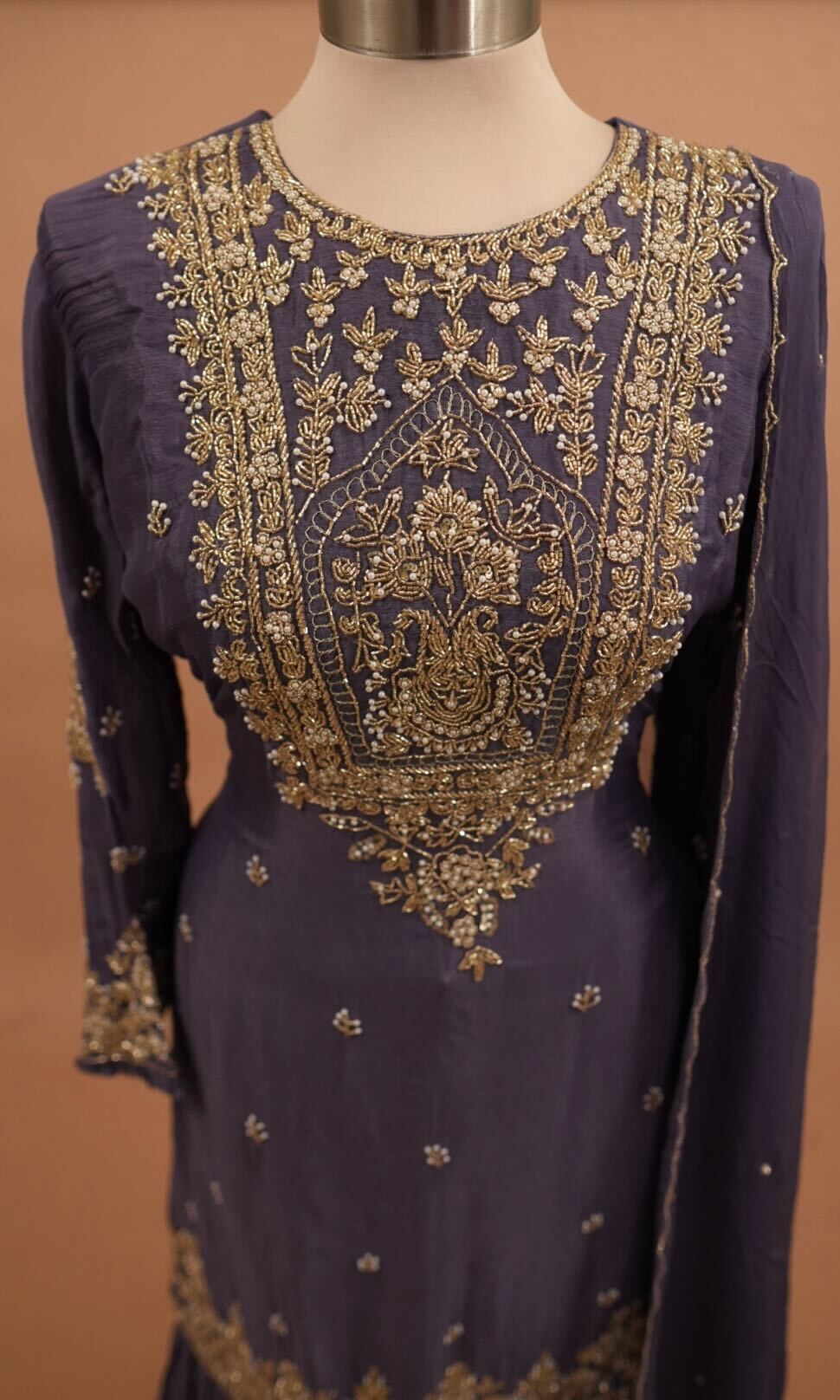 Dasheen Fabric Beads Work Embroiderey Dark Lavender Color Sharara Suit