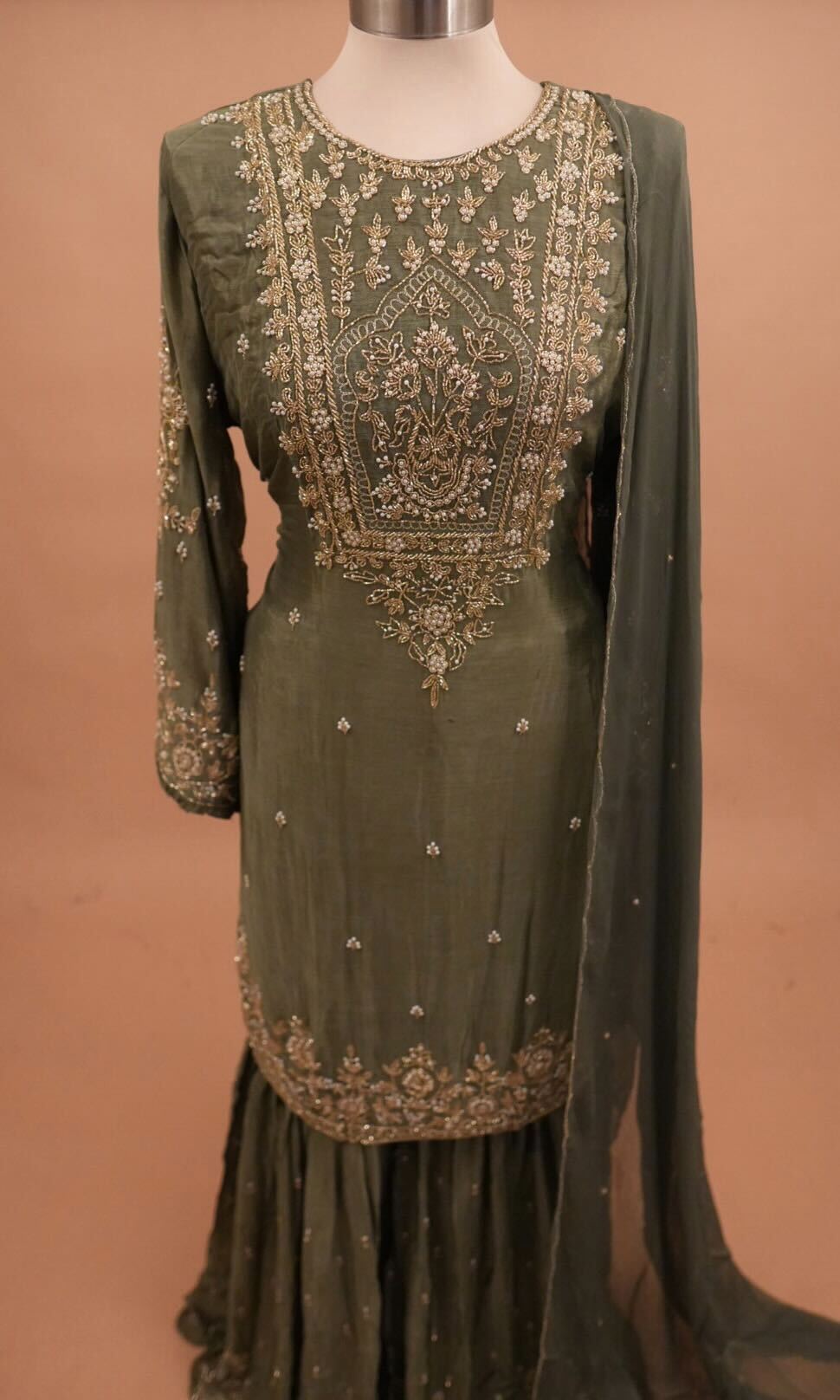 Dasheen Fabric Beads Work Embroiderey Green Color Sharara Suit