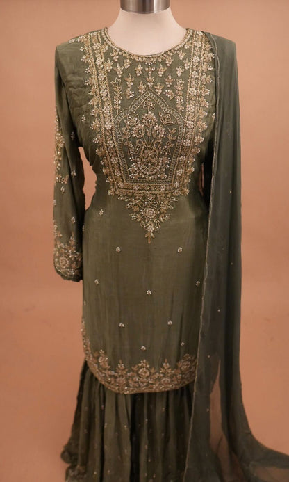 Dasheen Fabric Beads Work Embroiderey Green Color Sharara Suit