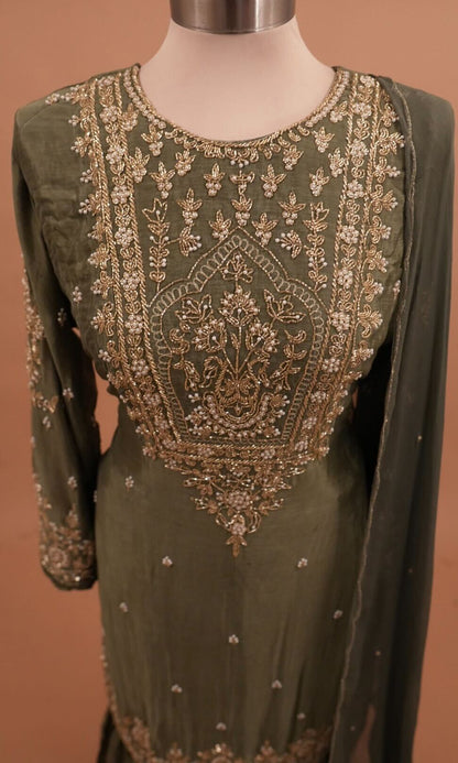 Dasheen Fabric Beads Work Embroiderey Green Color Sharara Suit