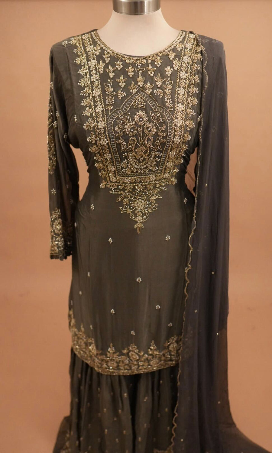 Dasheen Fabric Beads Work Embroiderey Dark Gray Color Sharara Suit