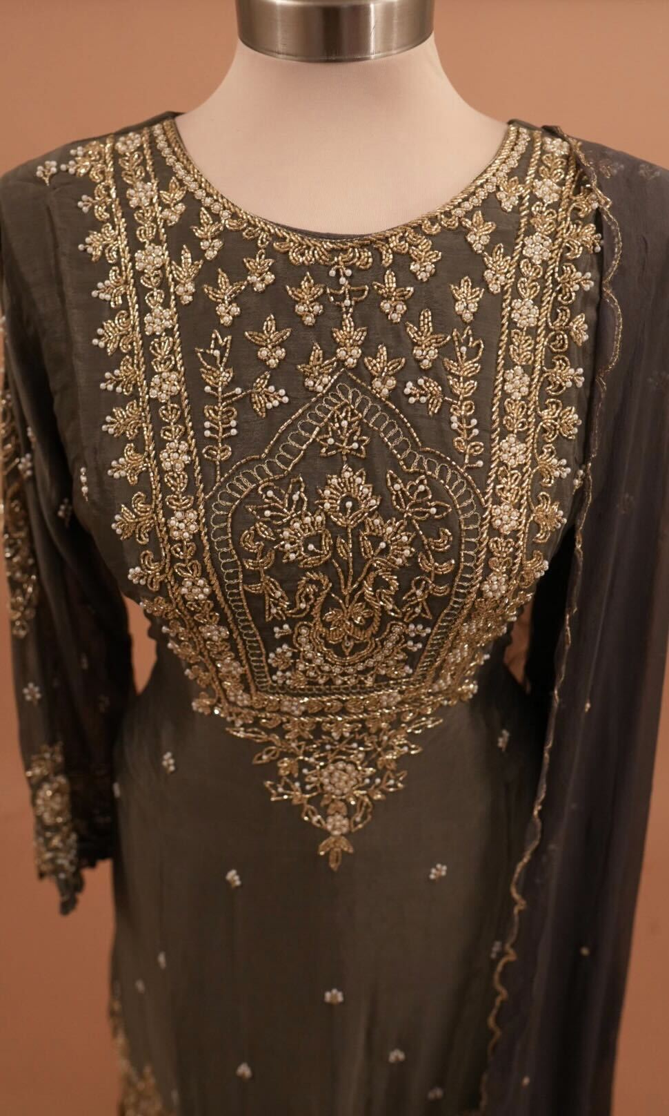 Dasheen Fabric Beads Work Embroiderey Dark Gray Color Sharara Suit