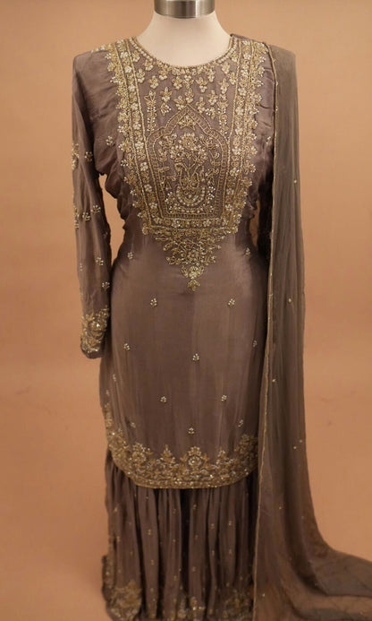 Dasheen Fabric Beads Work Embroiderey Dark Mouse Color Sharara Suit