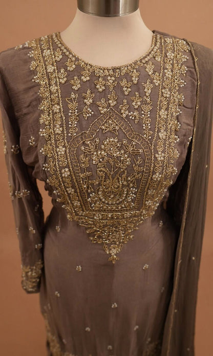 Dasheen Fabric Beads Work Embroiderey Dark Mouse Color Sharara Suit