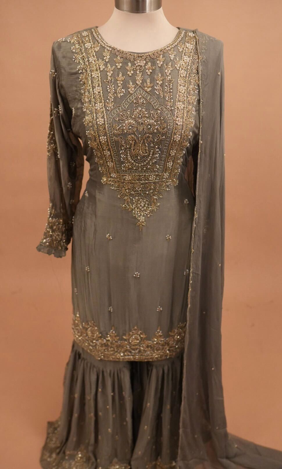 Dasheen Fabric Beads Work Embroiderey Grey Color Sharara Suit