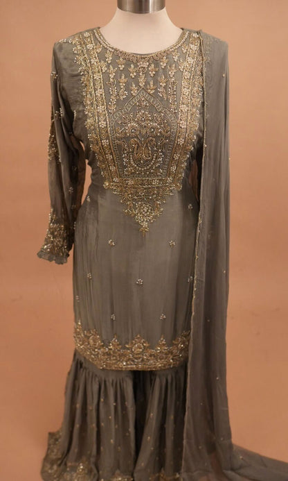 Dasheen Fabric Beads Work Embroiderey Grey Color Sharara Suit