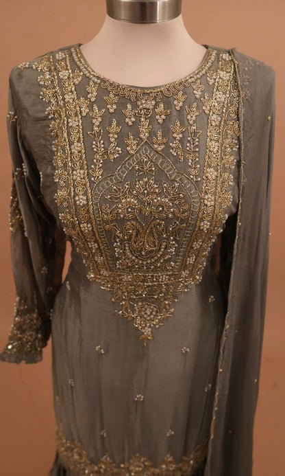 Dasheen Fabric Beads Work Embroiderey Grey Color Sharara Suit
