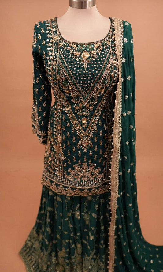 Silk Fabric Heavy Hand Work Embroiderey Green Color Party Wear Sharara Suit