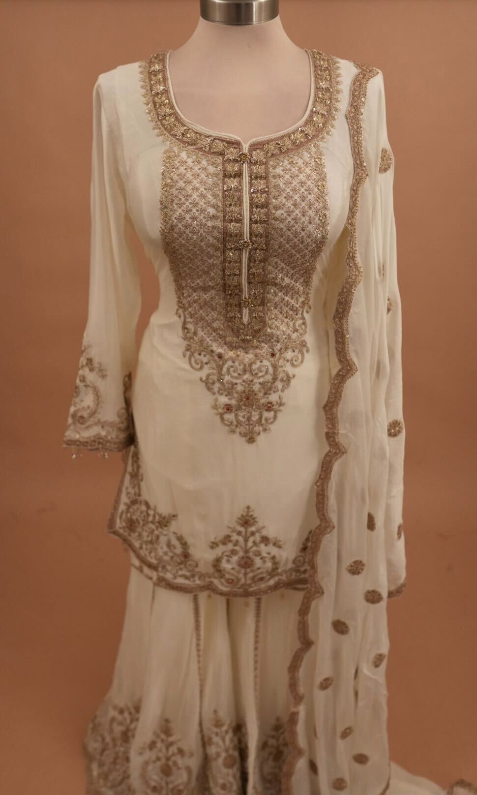 Off White Color Dasheen Fabric Party Wear Sharara Suit