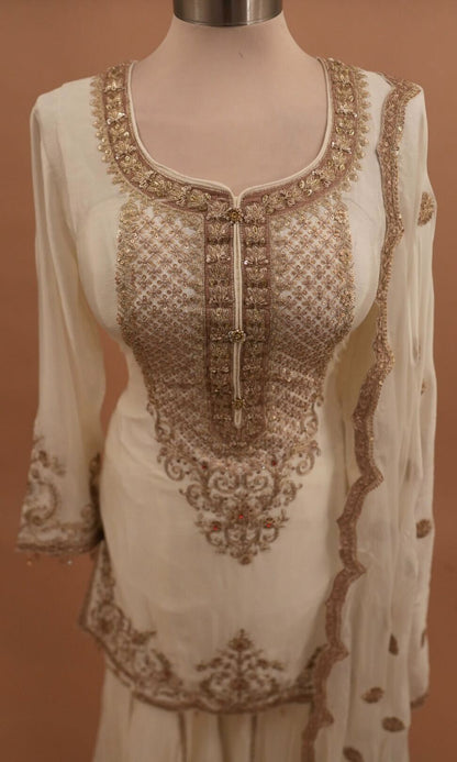 Off White Color Dasheen Fabric Party Wear Sharara Suit