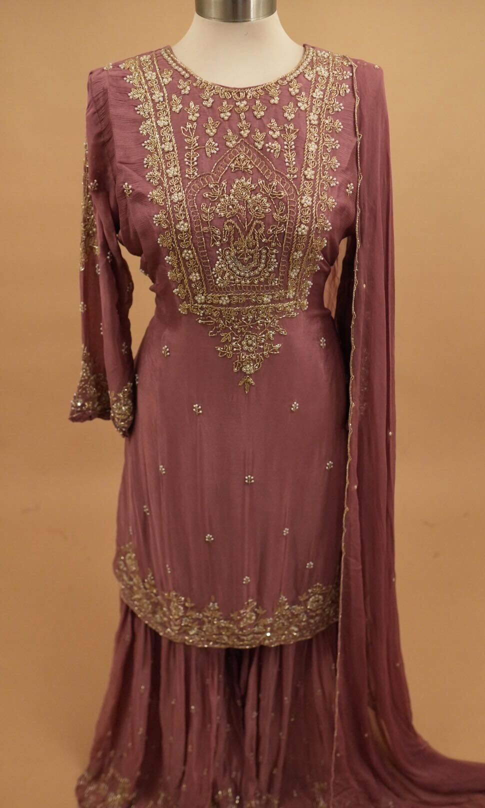 Dasheen Fabric Beads Work Embroiderey Rose Gold Color Sharara Suit