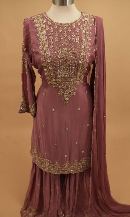 Dasheen Fabric Beads Work Embroiderey Rose Gold Color Sharara Suit