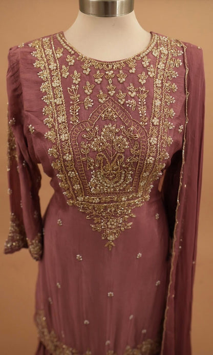 Dasheen Fabric Beads Work Embroiderey Rose Gold Color Sharara Suit