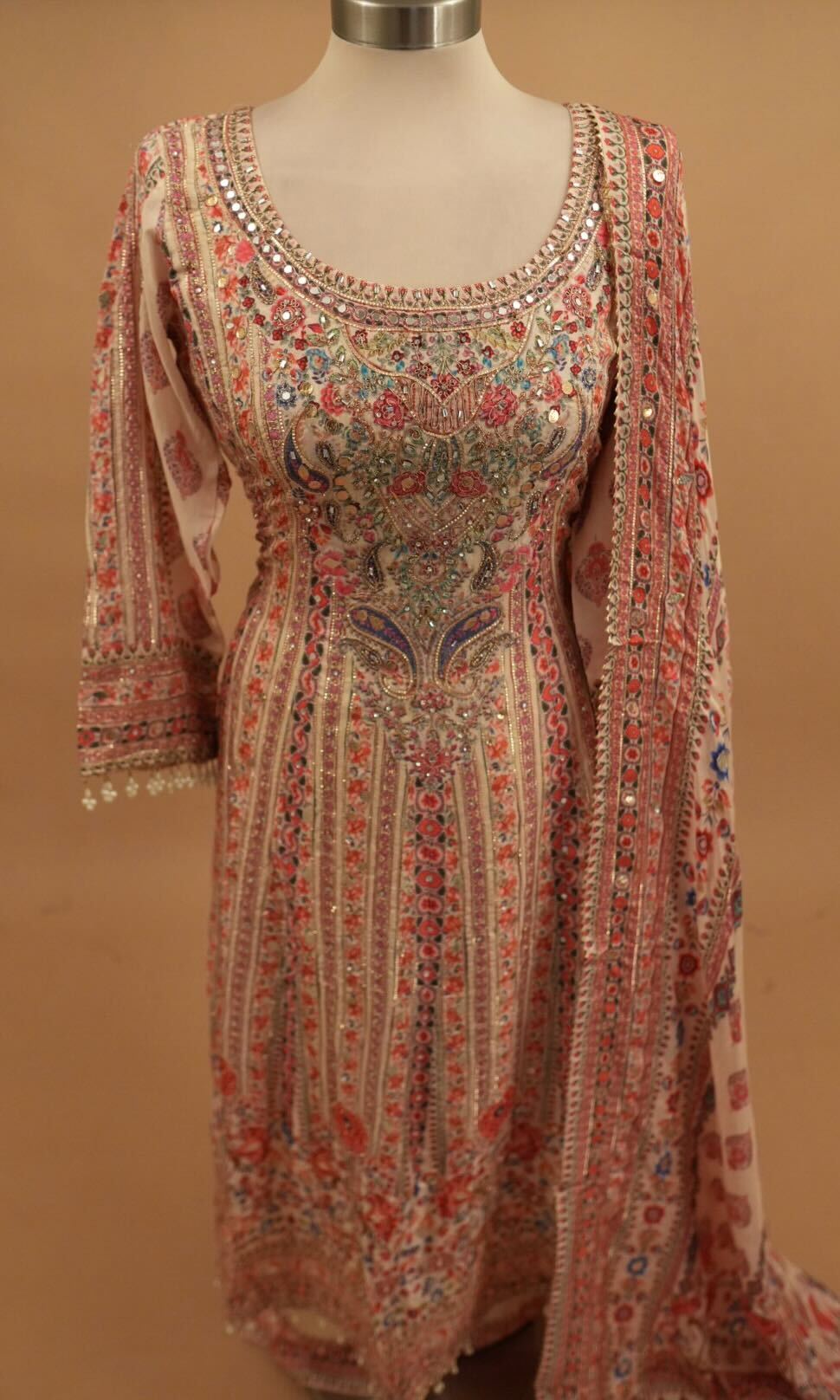 Dasheen Fabric Party Wear Light Peach Multicolor Anarkali Suit With Pants