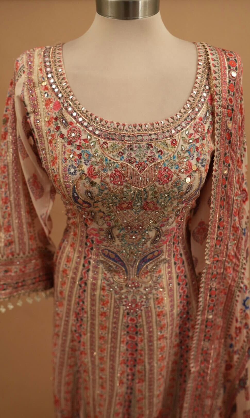 Dasheen Fabric Party Wear Light Peach Multicolor Anarkali Suit With Pants