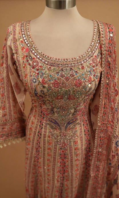 Dasheen Fabric Party Wear Light Peach Multicolor Anarkali Suit With Pants