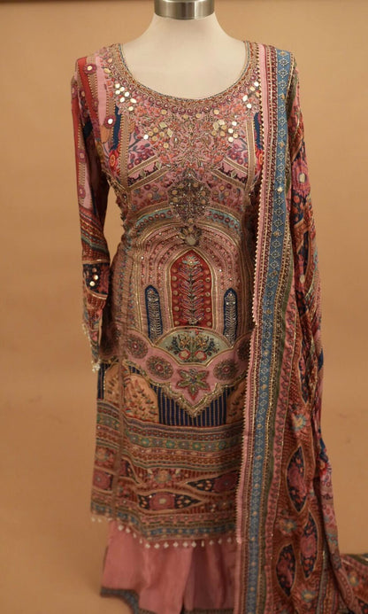 Dasheen Fabric Party Wear Pink Multicolor Anarkali Palazzo Suit