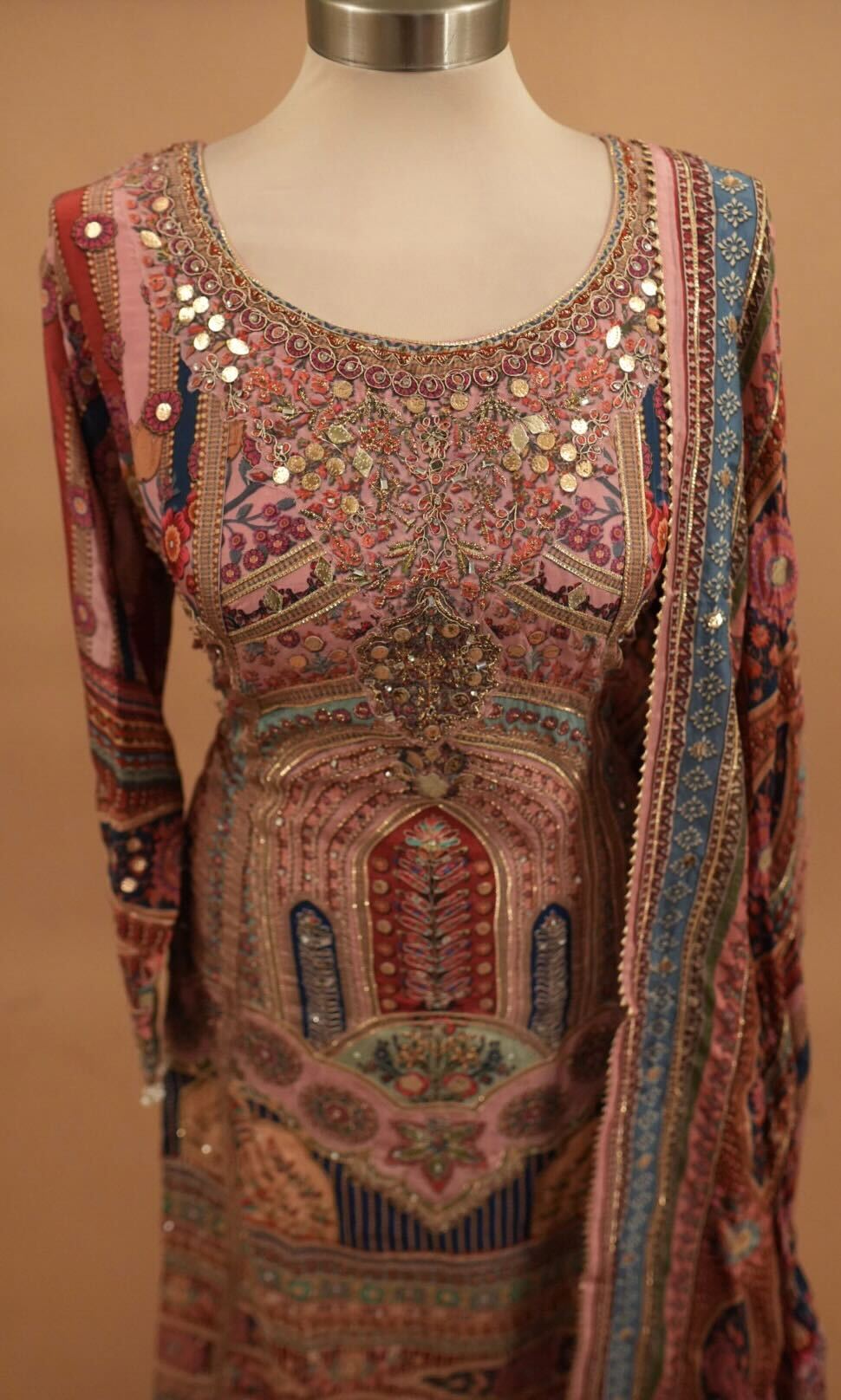 Dasheen Fabric Party Wear Pink Multicolor Anarkali Palazzo Suit