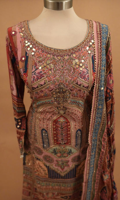 Dasheen Fabric Party Wear Pink Multicolor Anarkali Palazzo Suit