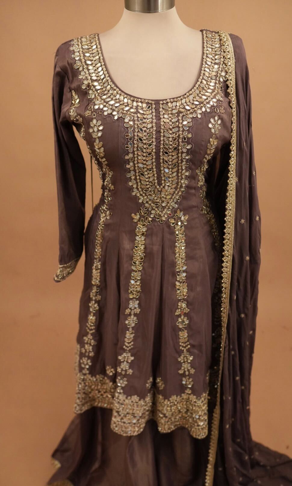 Heavy Mirror Work Embroiderey Shimmer Silk Fabric Palazzo Suit