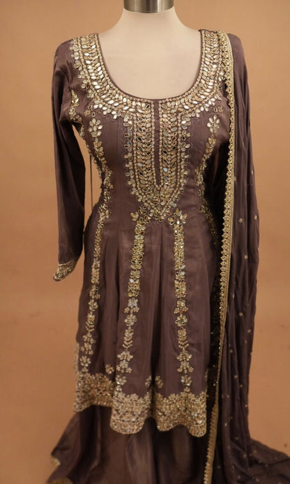 Heavy Mirror Work Embroiderey Shimmer Silk Fabric Palazzo Suit