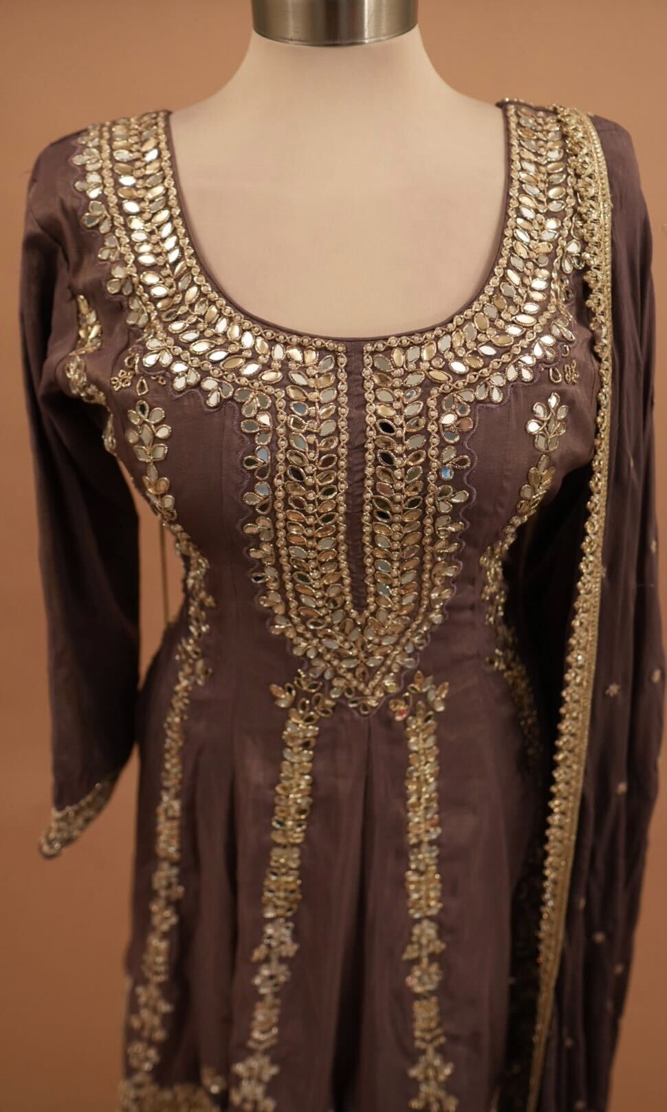 Heavy Mirror Work Embroiderey Shimmer Silk Fabric Palazzo Suit