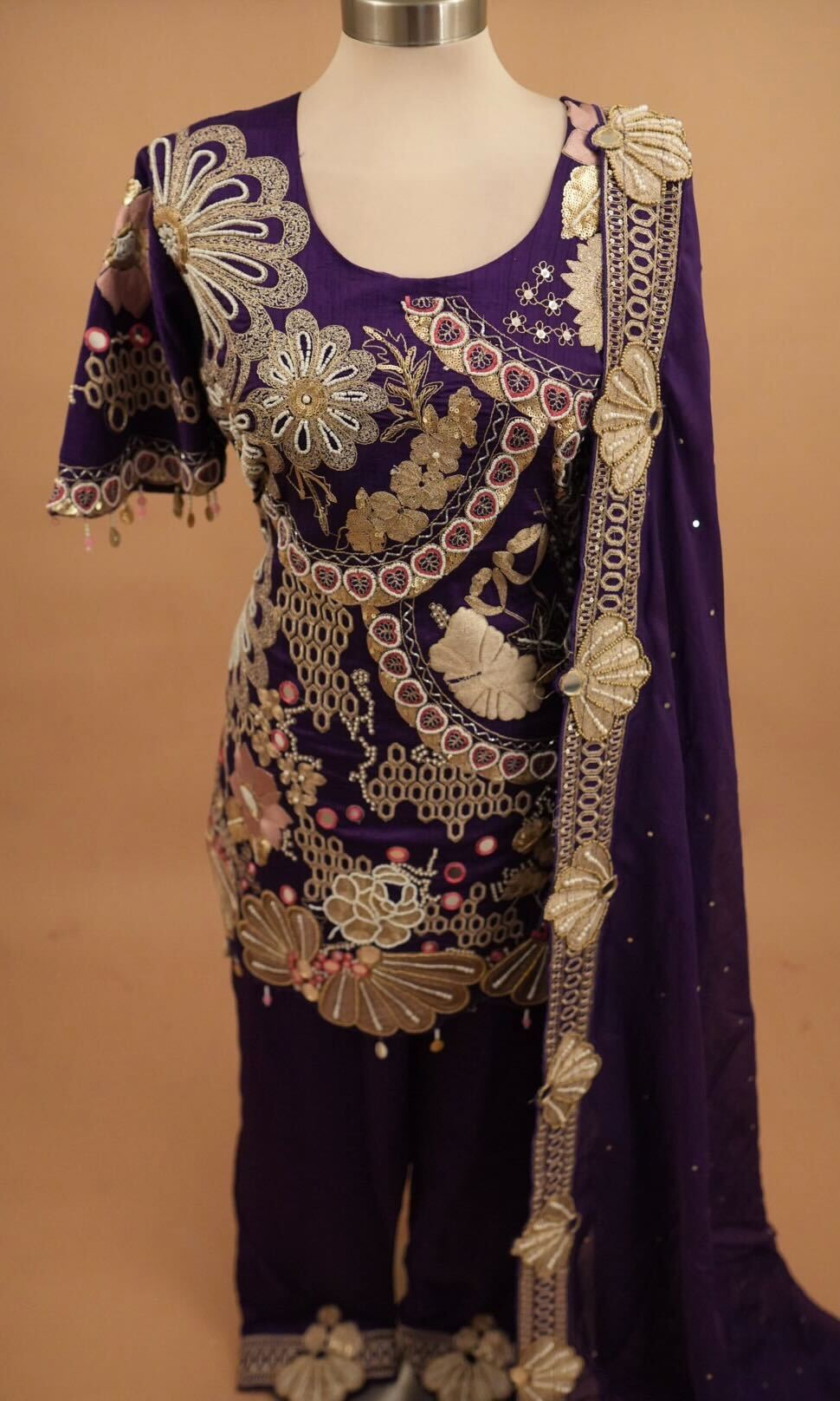 Hand Work Embroiderey Purple Color Party Wear Suit With Pants On Bottom