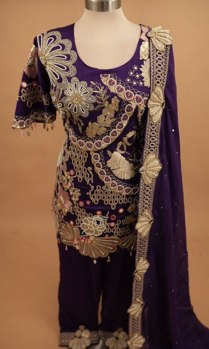 Hand Work Embroiderey Purple Color Party Wear Suit With Pants On Bottom