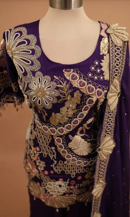 Hand Work Embroiderey Purple Color Party Wear Suit With Pants On Bottom