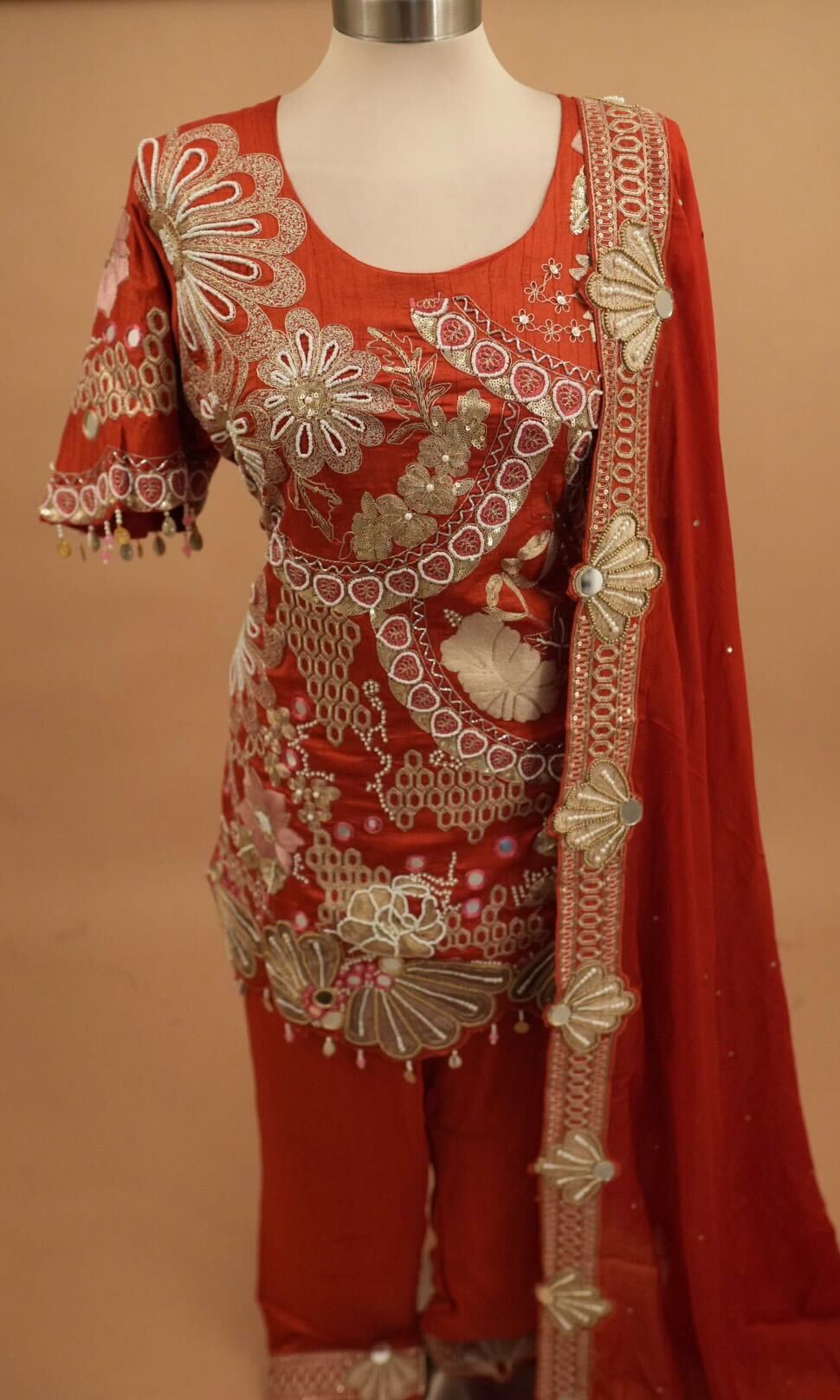 Hand Work Embroiderey Orange Color Party Wear Suit With Pants On Bottom