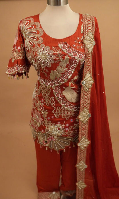 Hand Work Embroiderey Orange Color Party Wear Suit With Pants On Bottom