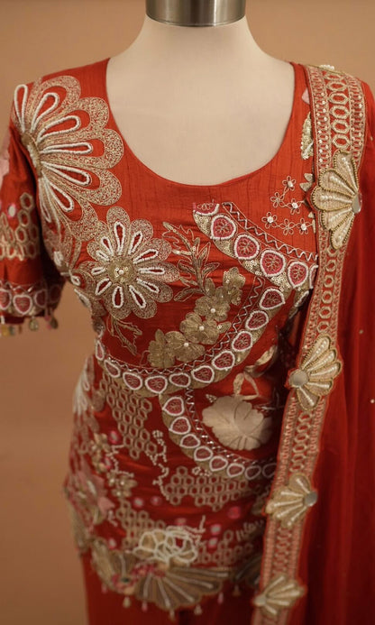 Hand Work Embroiderey Orange Color Party Wear Suit With Pants On Bottom