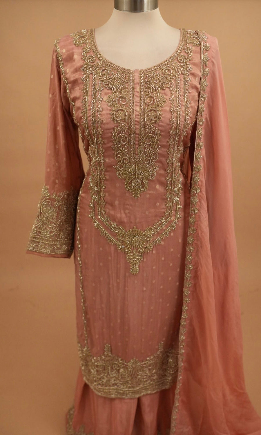 Rose Gold Color Long Kameez Suit With Pants On Bottom Bnarsi Silk Fabric
