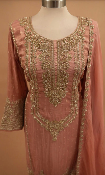 Rose Gold Color Long Kameez Suit With Pants On Bottom Bnarsi Silk Fabric