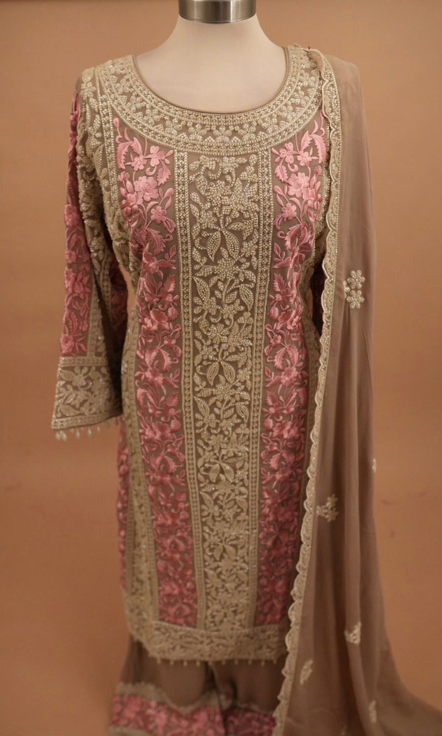 Light Brown Color Contrast Long Kameez Suit With Pants On Bottom