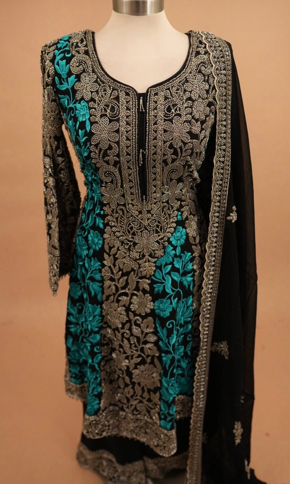Heavy Beads Work Embroiderey Black Color Short Anarkali Palazzo Pant Suit