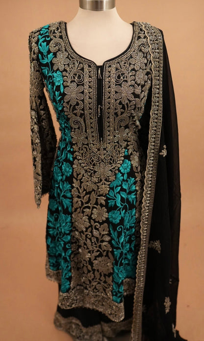 Heavy Beads Work Embroiderey Black Color Short Anarkali Palazzo Pant Suit