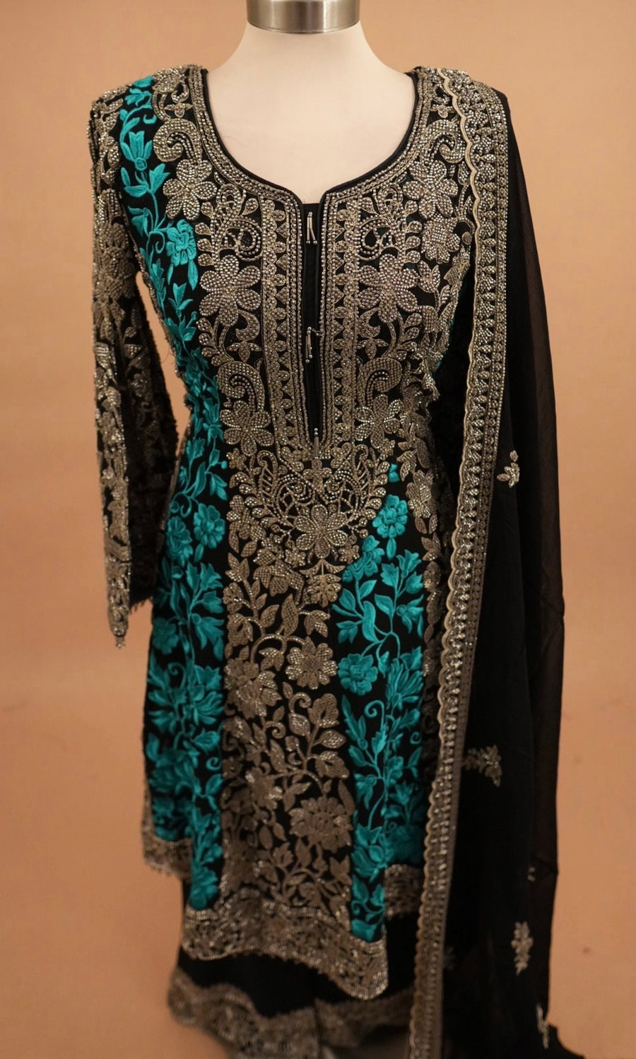 Heavy Beads Work Embroiderey Black Color Short Anarkali Palazzo Pant Suit