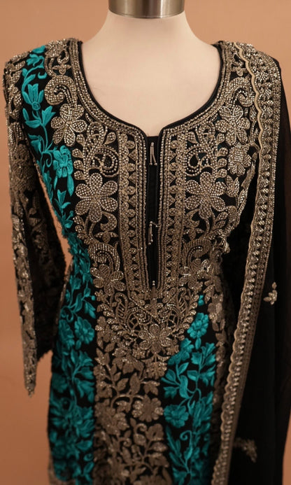 Heavy Beads Work Embroiderey Black Color Short Anarkali Palazzo Pant Suit