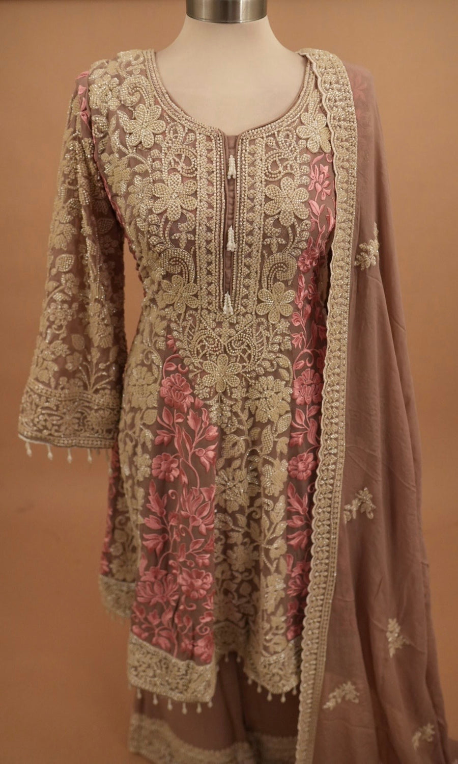 Heavy Beads Work Embroiderey Short Anarkali Palazzo Pant Suit