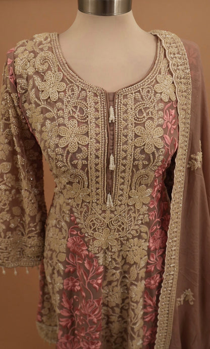 Heavy Beads Work Embroiderey Short Anarkali Palazzo Pant Suit