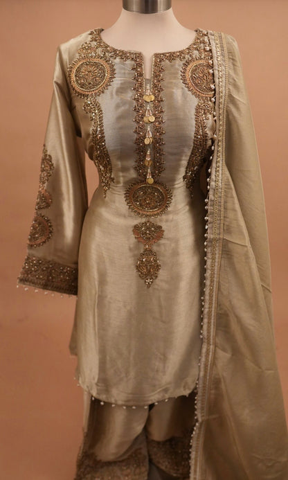 Champagne Color Silk Fabric A Line Farshi Salwar Suit