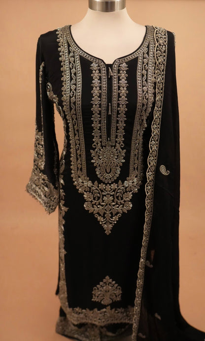 Black Color Long Kameez Party Wear Suit With Palazzo Pants