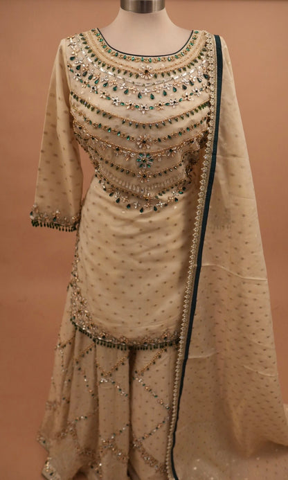 Champagne Color Designer Party Wear Hand Work Embroiderey Palazzo Suit